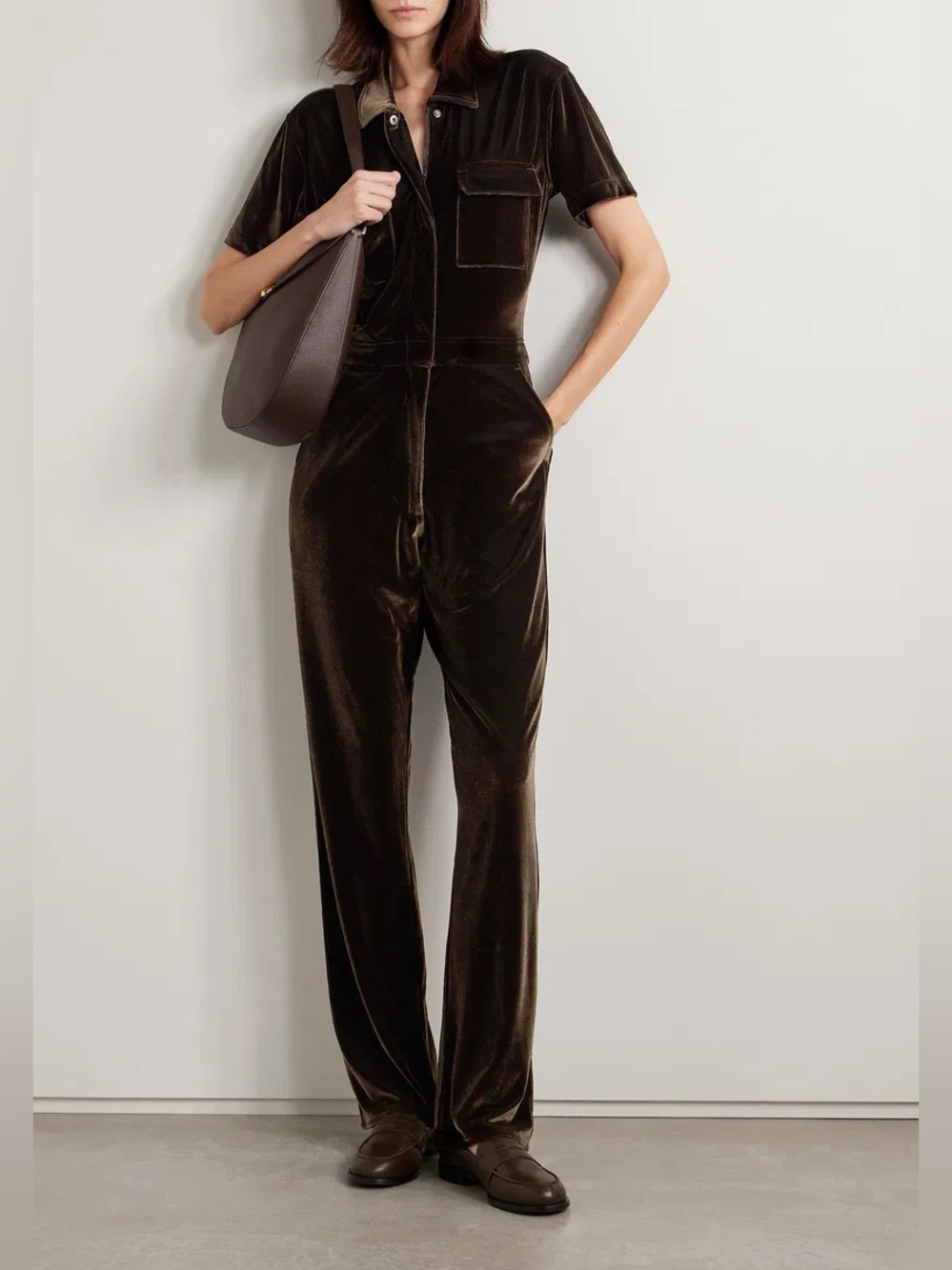 Rivet Utility Worker Velvet Jumpsuit Size M Brown Pockets Stretch Fall Fashion
